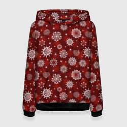 Толстовка-худи женская Snowflakes on a red background, цвет: 3D-черный