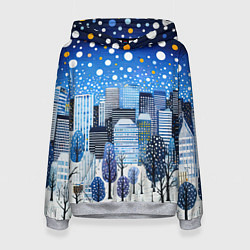 Толстовка-худи женская Новогодний синий ночной город, цвет: 3D-меланж
