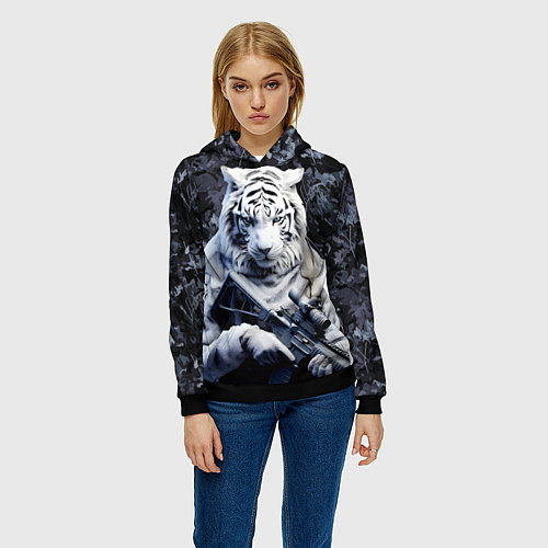 Женская толстовка Белый тигр солдат зима / 3D-Черный – фото 3