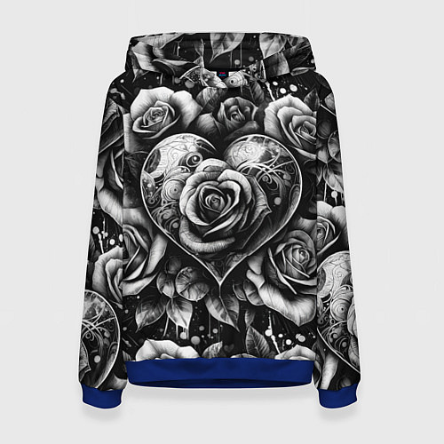 Женская толстовка Черно белое сердце и розы / 3D-Синий – фото 1