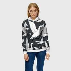 Толстовка-худи женская Стая белых лебедей летящих в небе, цвет: 3D-белый — фото 2