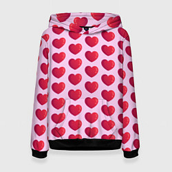 Толстовка-худи женская Красные сердца на розовом фоне, цвет: 3D-черный