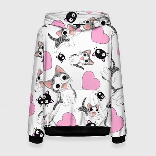 Женская толстовка Влюблённый котик аниме и сердечки / 3D-Черный – фото 1