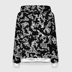Толстовка-худи женская Капли жидкого металла - камуфляж на чёрном, цвет: 3D-белый