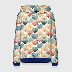 Толстовка-худи женская Разноцветные нарисованные сердечки, цвет: 3D-синий