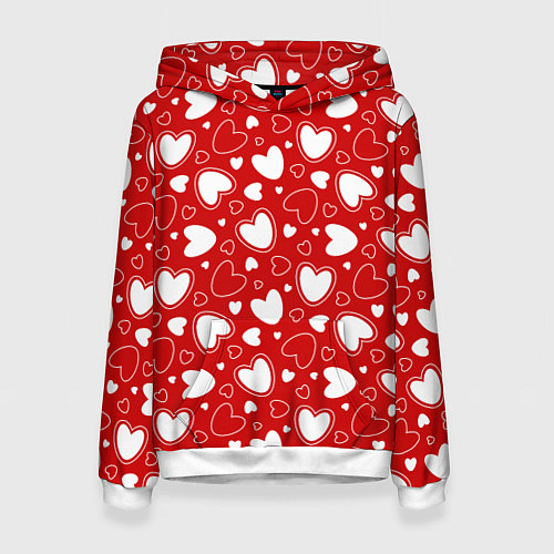 Женская толстовка Белые сердечки на красном фоне / 3D-Белый – фото 1