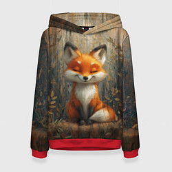 Толстовка-худи женская Милый и довольный лисёнок, цвет: 3D-красный