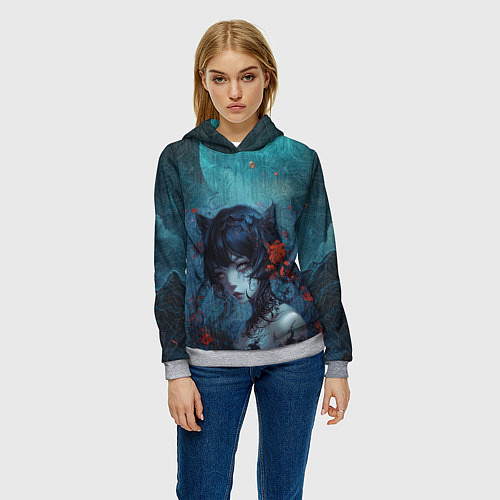 Женская толстовка Готическая девушка-кошка под луной / 3D-Меланж – фото 3