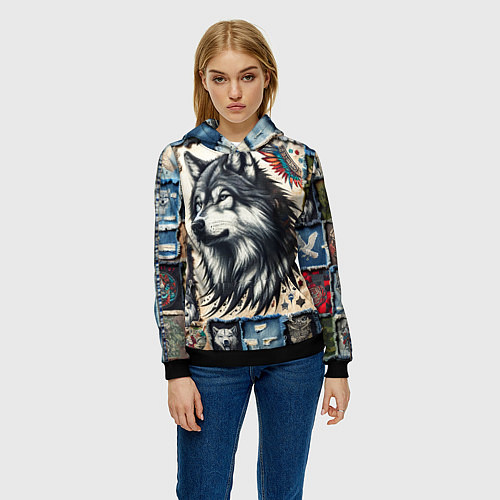 Женская толстовка Волк на дениме Пэчворк / 3D-Черный – фото 3