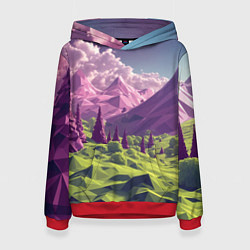 Толстовка-худи женская Геометрический зеленый пейзаж и фиолетовые горы, цвет: 3D-красный