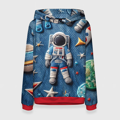 Женская толстовка Космонавт - вышивка по джинсе нейросеть / 3D-Красный – фото 1