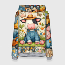 Толстовка-худи женская Прикольный телёнок и его друзья - пэчворк, цвет: 3D-меланж