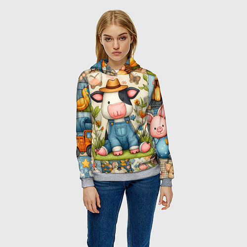 Женская толстовка Прикольный телёнок и его друзья - пэчворк / 3D-Меланж – фото 3