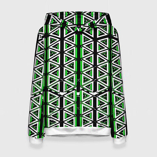 Женская толстовка Бело-зелёные треугольники на чёрном фоне / 3D-Белый – фото 1