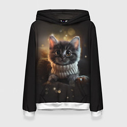 Толстовка-худи женская Котенок в свитере - нейросеть, цвет: 3D-белый