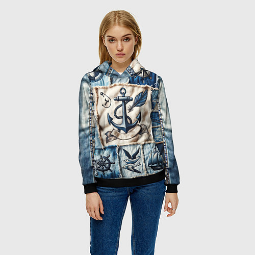 Женская толстовка Пэчворк с якорем - джинсовка моряка / 3D-Черный – фото 3