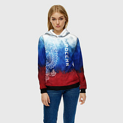 Толстовка-худи женская Герб России и флаг, цвет: 3D-черный — фото 2