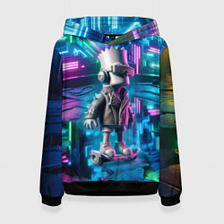 Толстовка-худи женская Необычный Барт Симпсон в ночном неоновом городе, цвет: 3D-черный