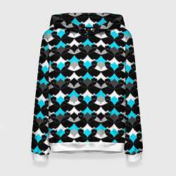 Толстовка-худи женская Синий с черным и белым геометрический узор, цвет: 3D-белый