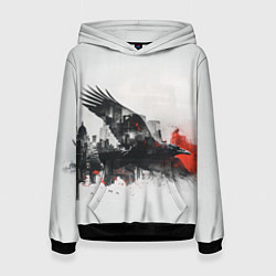 Толстовка-худи женская Летающий ворон и город, цвет: 3D-черный