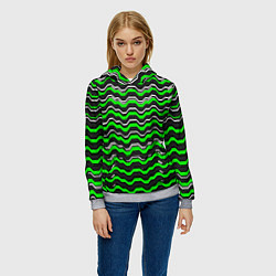 Толстовка-худи женская Белые и зелёные полосы на чёрном фоне, цвет: 3D-меланж — фото 2
