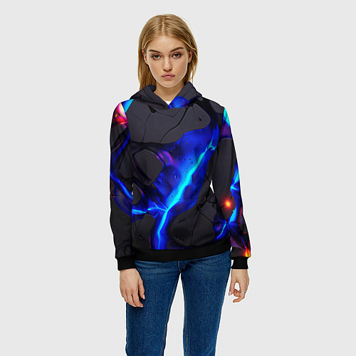 Женская толстовка Темный синий неон из разлома плит / 3D-Черный – фото 3