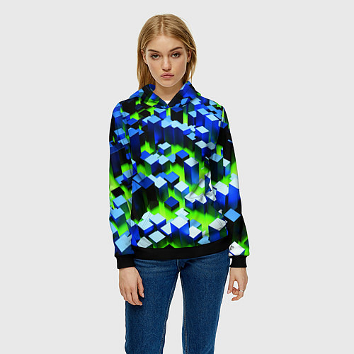 Женская толстовка Синие блоки в зеленом тумане / 3D-Черный – фото 3