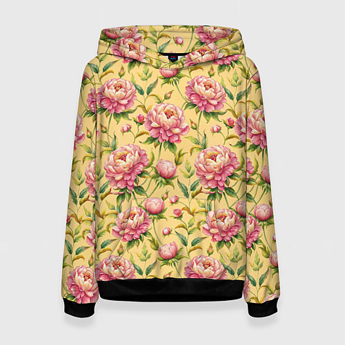 Женская толстовка Крупные пионы садовые цветы бутоны паттерн / 3D-Черный – фото 1