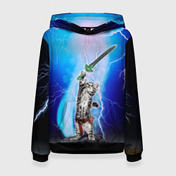 Толстовка-худи женская Кот-рыцарь с мечом экскалибур под молниями, цвет: 3D-черный