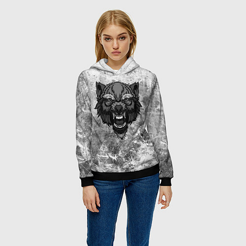 Женская толстовка Серый волк на абстрактном фоне / 3D-Черный – фото 3