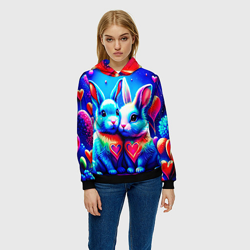 Женская толстовка Неоновые зайчики - любовь сердечки / 3D-Черный – фото 3