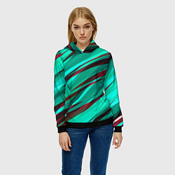 Толстовка-худи женская Бирюзовый и бордовый абстрактные полосы, цвет: 3D-черный — фото 2