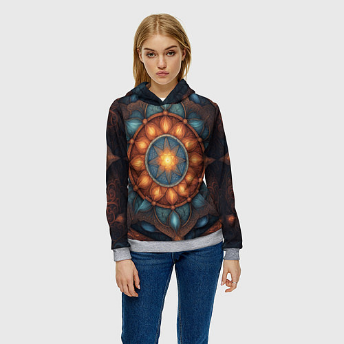 Женская толстовка Симметричный орнамент - мандала узор со светящейся / 3D-Меланж – фото 3