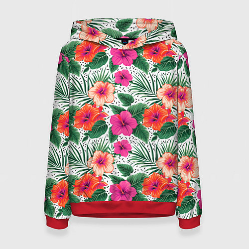 Женская толстовка Цветы гибискуса и листья мальмы летний тропический / 3D-Красный – фото 1
