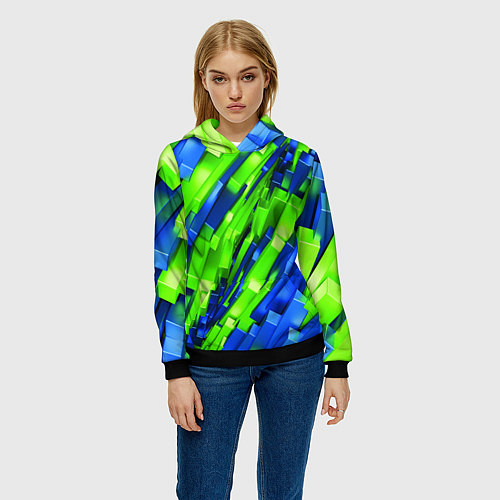 Женская толстовка Сине-зеленые наклонные блоки / 3D-Черный – фото 3