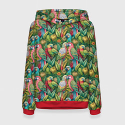 Толстовка-худи женская Влюбленные попугаи в листьях, цвет: 3D-красный