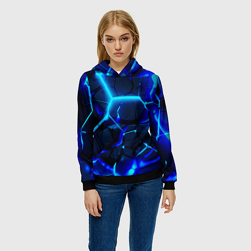 Женская толстовка Яркие голубые неоновые плиты в разломе / 3D-Черный – фото 3