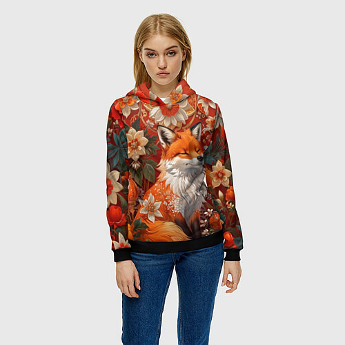 Женская толстовка Умилительный лисёнок в цветах / 3D-Черный – фото 3