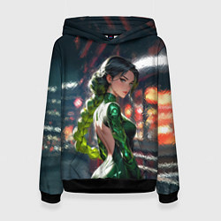 Толстовка-худи женская Девушка-андроид с зелёной косой, цвет: 3D-черный