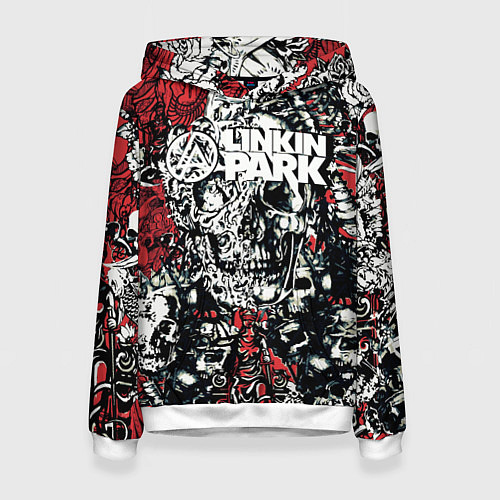 Женская толстовка Linkin Park на фоне татуировки черепов и скелетов / 3D-Белый – фото 1