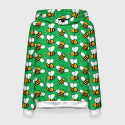 Толстовка-худи женская Позитивные пчелы паттерн, цвет: 3D-белый