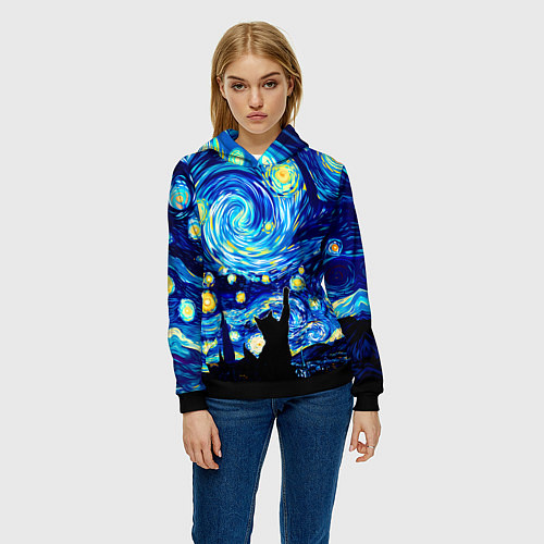 Женская толстовка Кот ловит звезды Вангога / 3D-Черный – фото 3