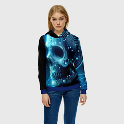 Толстовка-худи женская Cyber neon skull - ai art с дорожками на плате, цвет: 3D-синий — фото 2