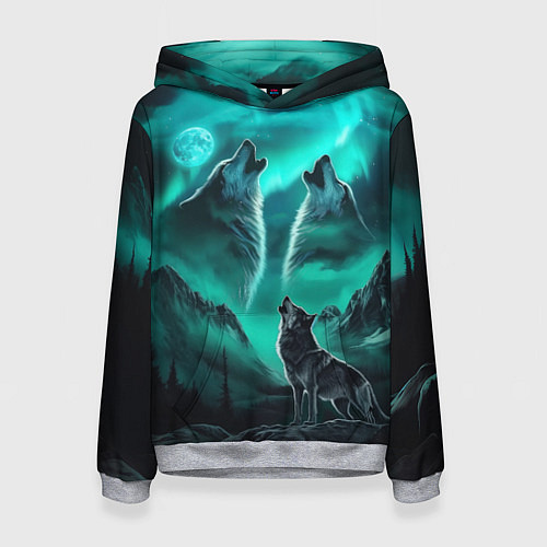 Женская толстовка Волки воют на луну и северное сияние / 3D-Меланж – фото 1