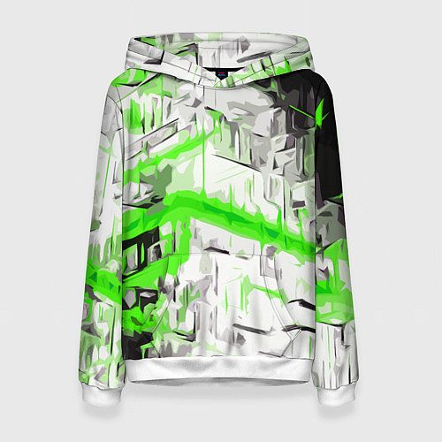 Женская толстовка Бело-зелёная абстракция на чёрном фоне / 3D-Белый – фото 1