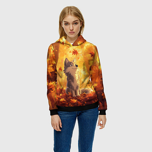 Женская толстовка Волчонок в осеннем лесу / 3D-Черный – фото 3