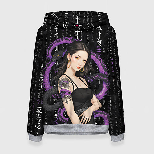 Женская толстовка Девушка с тату на руке и пурпурная змея / 3D-Меланж – фото 1