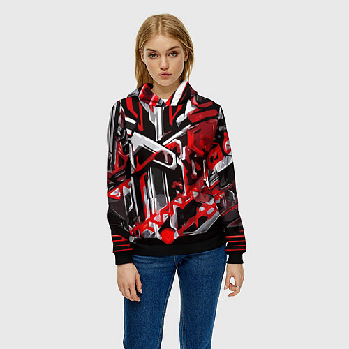 Женская толстовка Красно-белая агрессивная абстракция на чёрном фоне / 3D-Черный – фото 3
