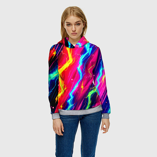 Женская толстовка Абстракция из неоновых молний - нейроарт / 3D-Меланж – фото 3