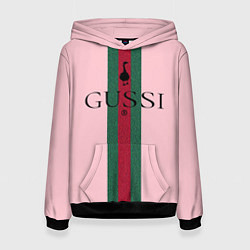 Толстовка-худи женская Гусси - зелено-красная полоса на розовом фоне, цвет: 3D-черный